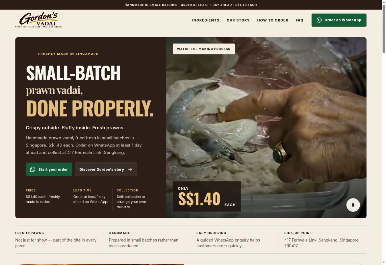 Actual screenshot of the Gordon’s Vadai website showing its handmade prawn vadai, pricing, collection information and WhatsApp order button